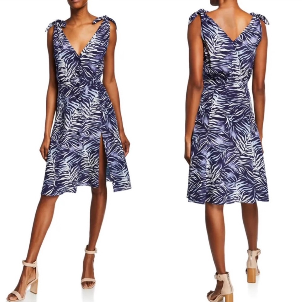 Altuzarra cloud tie shoulder silk blue tiger print button front dress size 40
